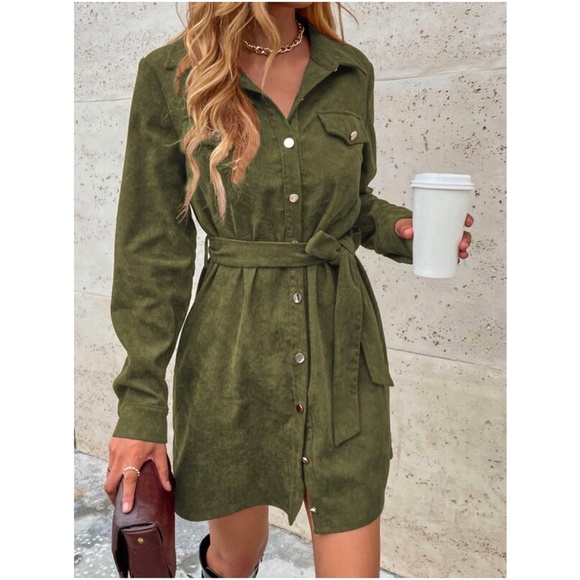 Corduroy Button Down Belted Long Sleeve Shirt Dress - Picture 7 of 10